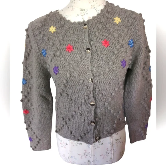 Orvis 100% Shetland wool Cardigan floral design - Picture 1 of 10